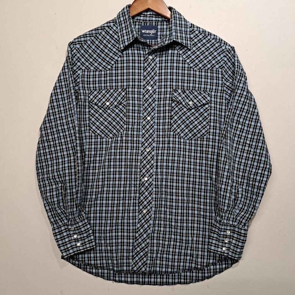 Wrangler Shirt Men's Medium Blue Plaid Cotton Long Sleeve Western Style Cowboy
